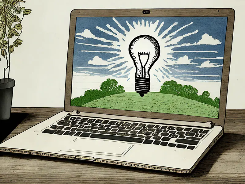 Aufgeklappter Laptop mit Glühbirne auf Bildschirm symbolisiert Idee