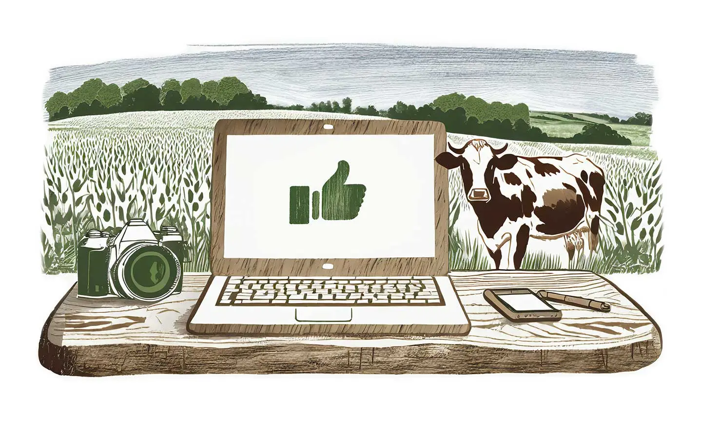 Ein Laptop, auf dem Bildschirm ist eine Hand mit ausgestrecktem Daumen zu sehen, daneben liegt eine Fotokamera und ein Mobiltelefon, im Hintergrund ist ein Feld mit einer Kuh zu sehen