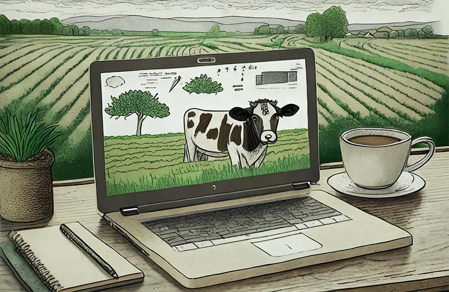 Laptop mit Kuh auf dem Bildschirm, daneben eine Kaffeetasse, im Hintergrund Blick auf ein Feld